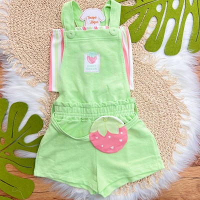 Conj. Cropped Listrado e Jardineira Curta com Pochete de Morango - Verde Neon